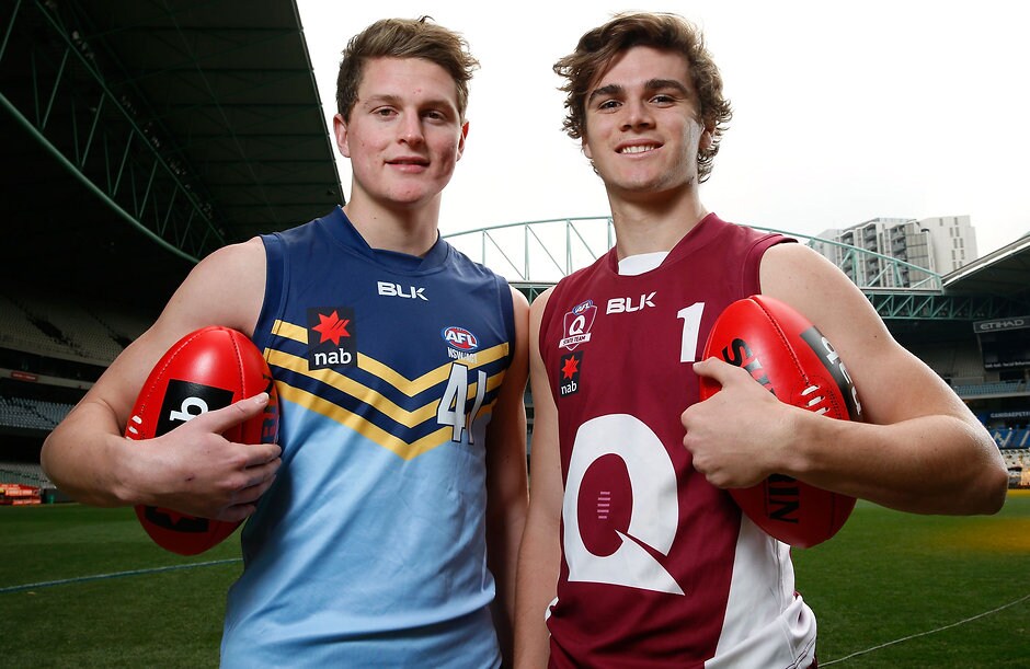 AFL 2015 Under 18 - Press Call 290615 MELBOURNE, AUSTRALIA - JUNE 26: Jacob Hopper of NSW/ACT and Ben Keays of Queensland pose for a photograph during the 2015 AFL Under 18 press call at Etihad Stadium, Melbourne, Australia on June 29, 2015. (Photo by Adam Trafford/AFL Media)